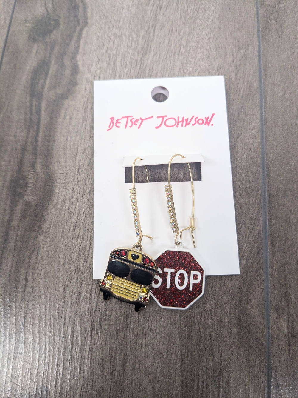Betsey Johnson Red Glitter 'STOP' & School Bus Drop Earrings